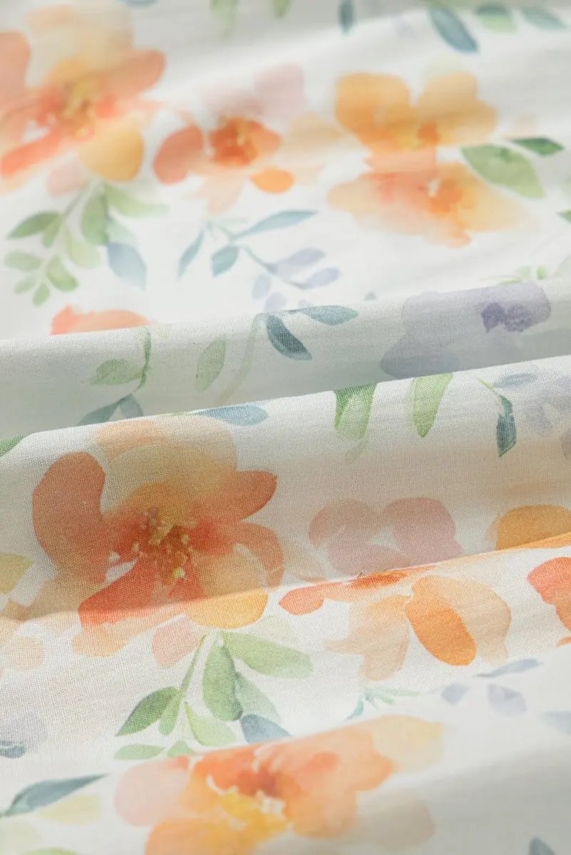 Beige Floral Print Shirred High Waist Puff Sleeve Mini Dress - Love Salve